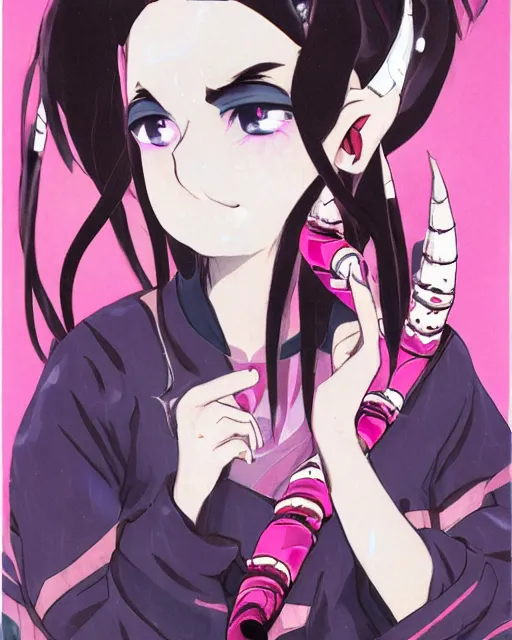 Image similar to Nezuko with single horn wearing Balenciaga, art of ‘B.c.N.y.’ and Toni Infante, demon anime girl