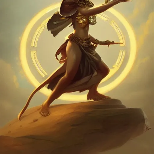 Prompt: Athena of Abyssinia in gold, defeats Chronos with thrown disc, by Peter Mohrbacher:5 Trending on Artstation:5