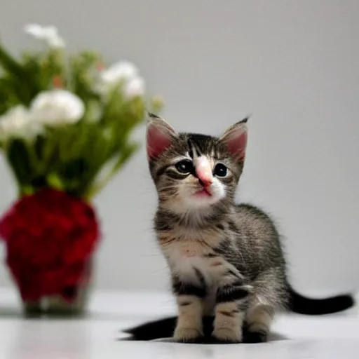 Prompt: extremely tiny kitten in a flowervase