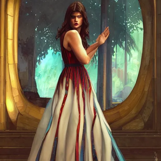 Prompt: Alexandra Daddario wearing a posh dress made from stained glass as a grand theft auto 5 loading screen, art by Andreas Rocha and greg rutkowski, highly detailed, digital painting, matte painting, concept art, illustration, dim lighting, trending on artstation, very detailed