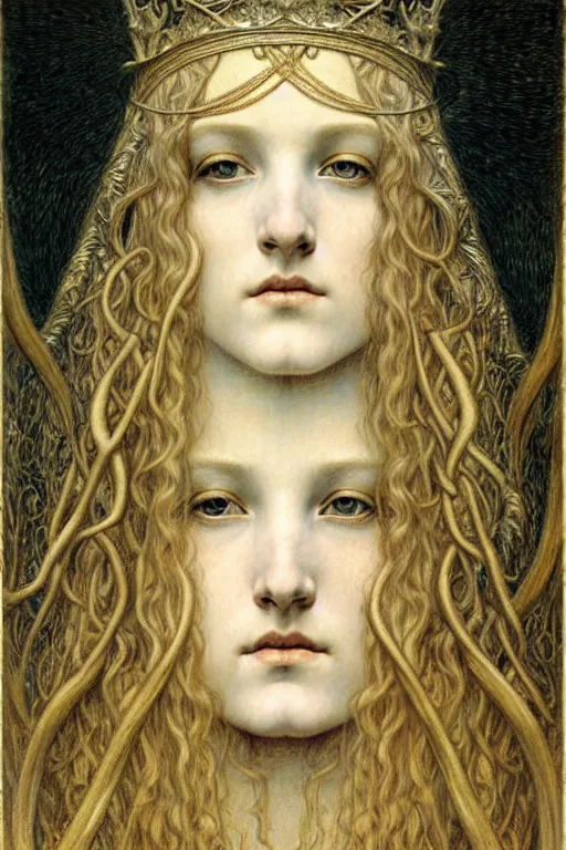 Image similar to detailed realistic beautiful young medieval queen face portrait by jean delville, gustave dore and marco mazzoni, art nouveau, symbolist, visionary, gothic, pre - raphaelite. horizontal symmetry