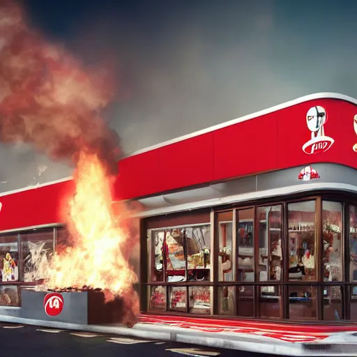 Image similar to ronald macdonald fire bombing a kfc restaurant, hyper real, 8 k, octane render, vivid, bright, photo realistic, city street