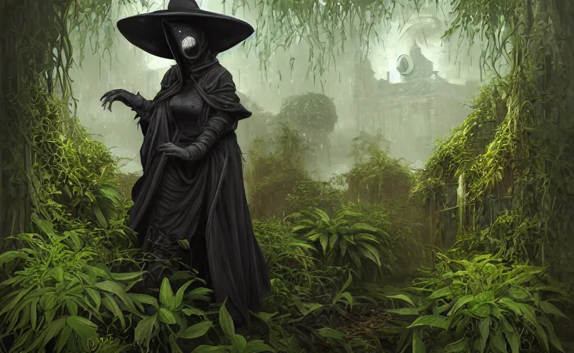 Prompt: female plague doctor overgrown by plants, creeping ivy, drowning, heavy rain, wind, thunder, reflections, deep focus, d & d, fantasy, intricate, elegant, highly detailed, digital painting, artstation, concept art, matte, sharp focus, illustration, hearthstone, art by artgerm and greg rutkowski and alphonse mucha