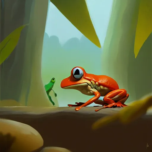 Prompt: goro fujita illustration a young little frog in the jungle by goro fujita, painting by goro fujita, sharp focus, highly detailed, artstation