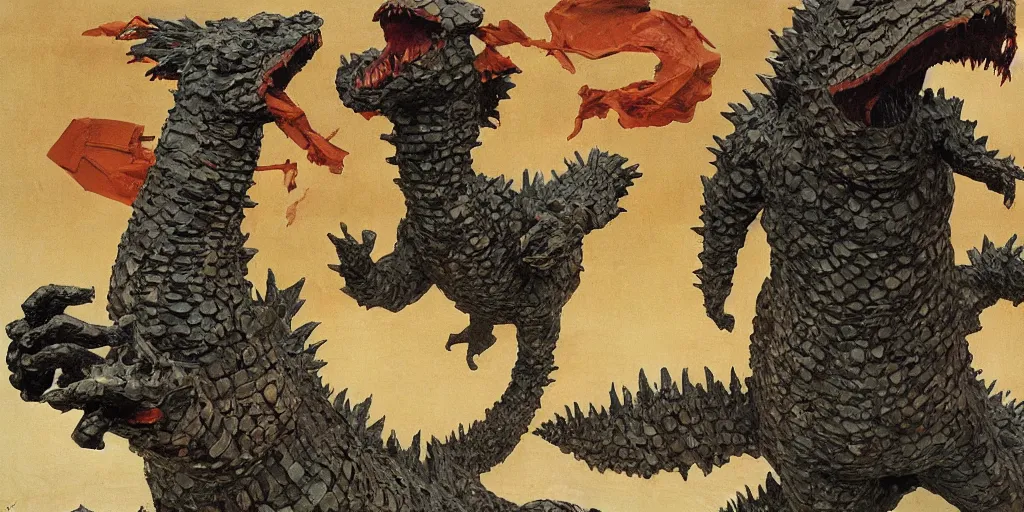 Image similar to paper mache godzilla breaking out of the artists studio, j. c. leyendecker, akira kurosawa