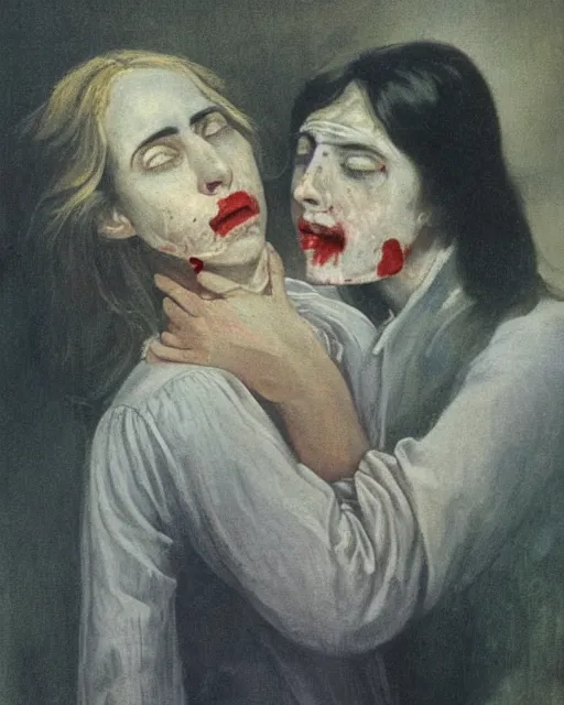 Prompt: a baroque painting of two beautiful but creepy siblings wearing linen shirts in layers of fear, with haunted eyes and dark hair, 1 9 7 0 s, seventies, wallpaper, a little blood, morning light showing injuries, delicate embellishments, painterly, offset printing technique, by brom, robert henri, walter popp