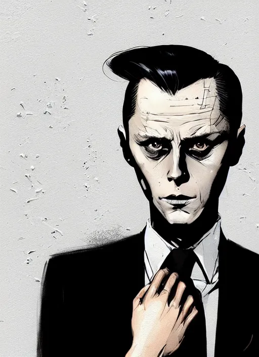 Prompt: highly detailed closeup portrait of sinister martin wallstrom, tyrell wellick, slick back hair wearing suit by atey ghailan, by greg rutkowski, by greg tocchini, by james gilleard, by joe fenton, by kaethe butcher, gradient blue, black and white only color scheme, grunge aesthetic!!! ( ( graffiti tag wall background ) )