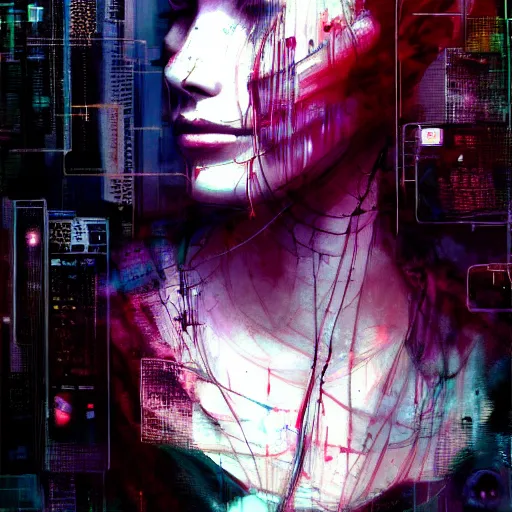 Prompt: beautiful young cyberpunk noir woman vr dreaming in a glitchcore world of wires, and machines, by jeremy mann, francis bacon and agnes cecile, and dave mckean ink drips, paint smears, digital glitches glitchart