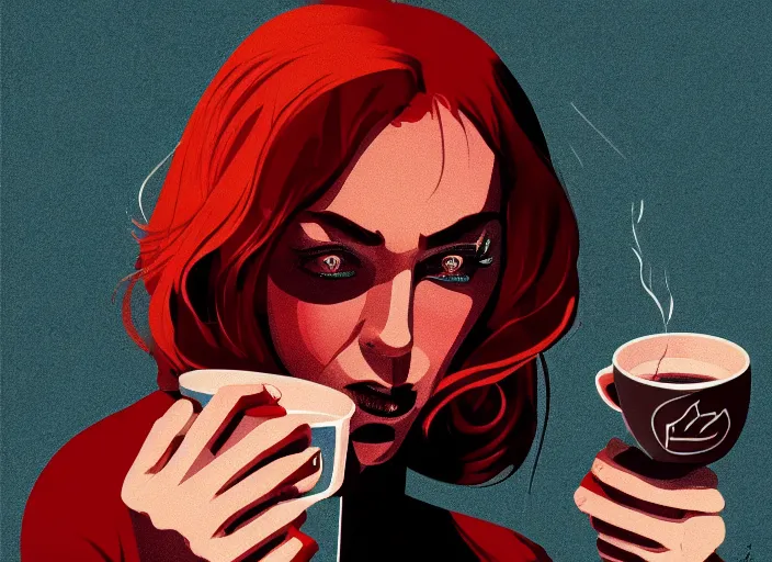 Image similar to portrait of a heroine drinking coffee,vivid, Mads Berg, Karolis Strautniekas, dramatic lighting,film grain, editorial illustration, detailed, gradation, dynamic composition,moody, cinematic,extreme perspective,bright colors, art deco illustration