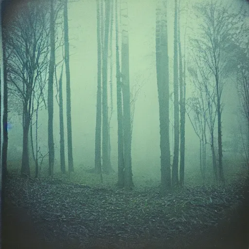 Prompt: concrete structure in a forest clearing at night, foggy, minimalistic architecture, dark, surreal, open space, light art, james turrel, old polaroid, expired film,