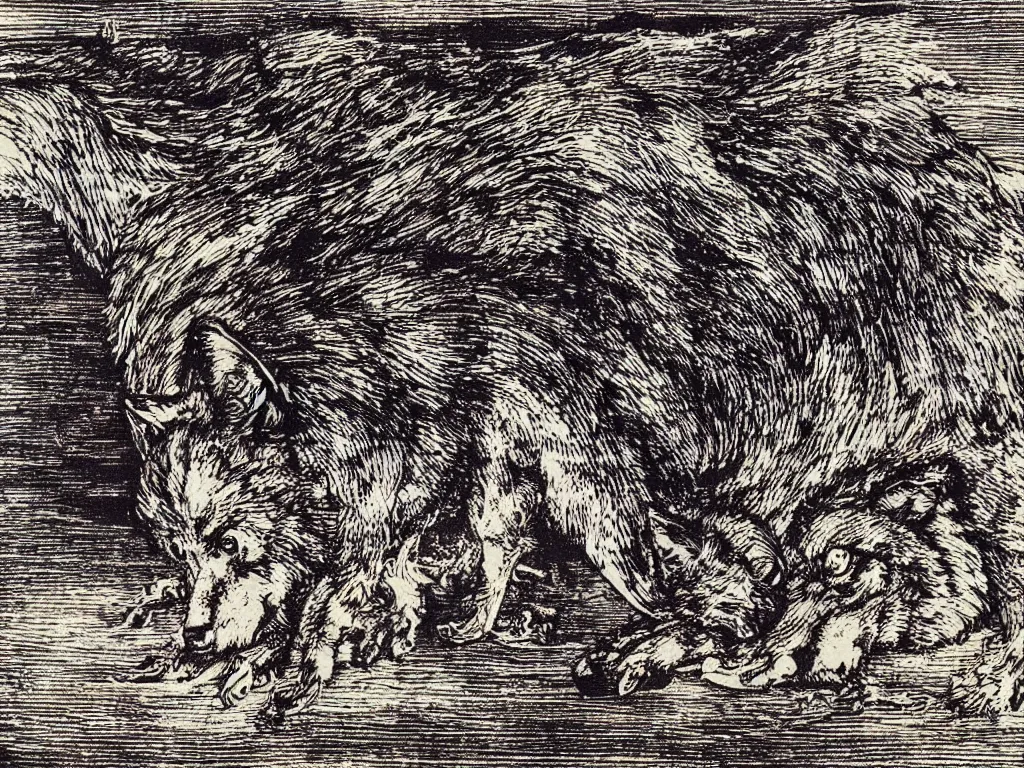 Image similar to wolf in heavy rainstorm. woodcut by albrecht durer, salvador dali