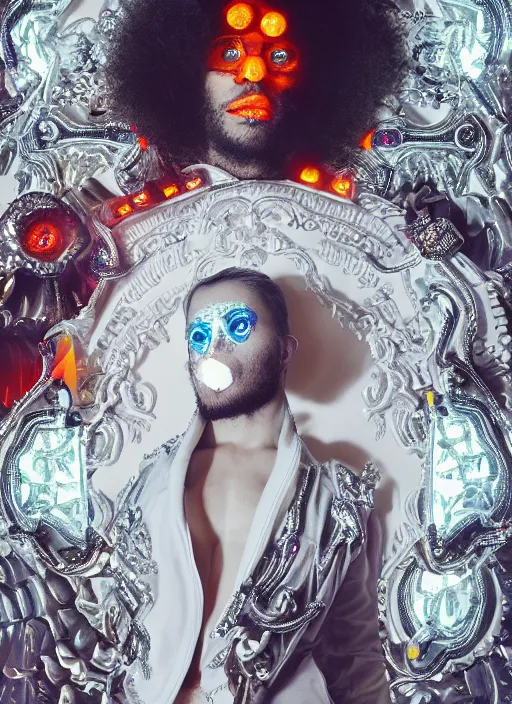 Image similar to photo of baroque and bladerunner delicate neon diamond sculpture of ceramic albino king marlon teixeira seductive delicious tongue out, creamy orange iridescent humanoid deity wearing white fluffy hoody holding diamond skull in a black metallic dungeon, reclining, glowing rainbow face, crown of white diamonds, cinematic lighting, photorealistic, octane render 8 k depth of field 3 d