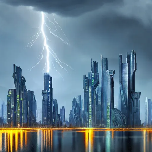 Prompt: Wide shot of colossal futuristic megacity towering across the landscape, thunder storm, Ralph McQuarrie, EOS-1D, f/16, ISO 200, 1/160s, 8K