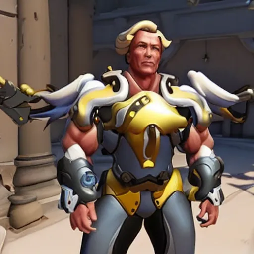 Image similar to a screenshot of arnold schwarzenegger as mercy in overwatch