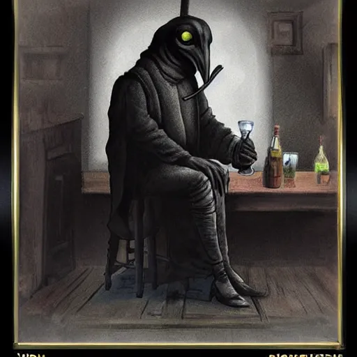 Image similar to plague doctor sitting at a bar with his drink empty, award winning photograph