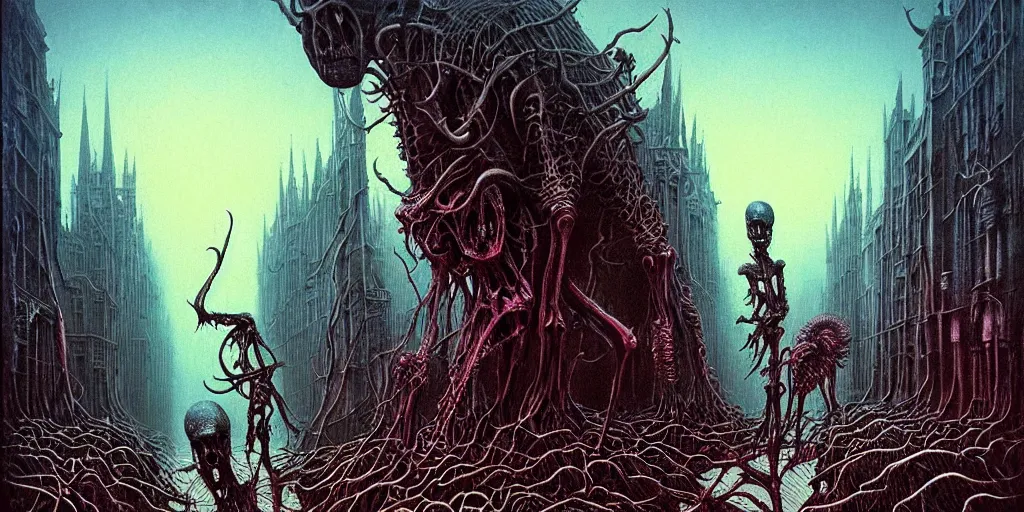 Prompt: eldritch creatures with surrealistic morphed skeletons roaming the streets of London, Zdzislaw Beksinski, Wayne Barlowe, Joe Fenton, gothic, cosmic horror, dystopian, biomorphic, lovecraftian, amazing details, cold hue's