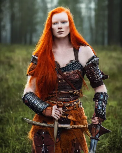 Prompt: north female warrior, red hair, ginger hair, long hair, fantasy, female Viking, high detailed, photography, cloudy, lightweight leather armour, Scandinavia, plain, detailed face, beautiful face, look into the distance, professional model, glowing skin, serious face, full body, professional photographer, masterpiece, 50 mm, 8k, 3D