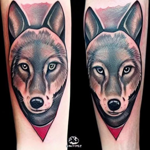 Image similar to a tattoo design of a beautiful girl under a wolf head, in the style of den yakovlev, hyper - realistic, amazing detail