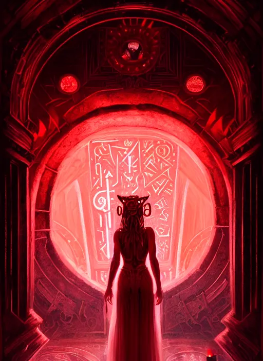 Prompt: portrait of the goddess of blood, bloody glowing runes, evil architecture, portal made of blood, intricate, elegant, glowing lights, highly detailed, digital painting, artstation, concept art, smooth, sharp focus, illustration, art by wlop, mars ravelo and greg rutkowski