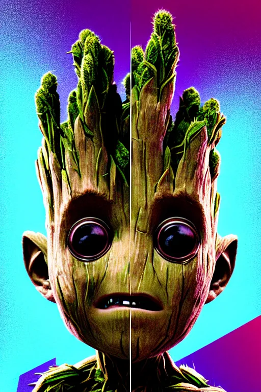 Prompt: duotone concept illustration 3 / 4 portrait of kid face consisting of marijuana, baby groot, cannabis!, high quality 3 d render very cute cyborg groot! incorporated speakers!, cyberpunk highly detailed, unreal engine cinematic smooth, in the style of blade runner & detective pikachu, hannah yata charlie immer, moody light, low angle, uhd 8 k, sharp focus