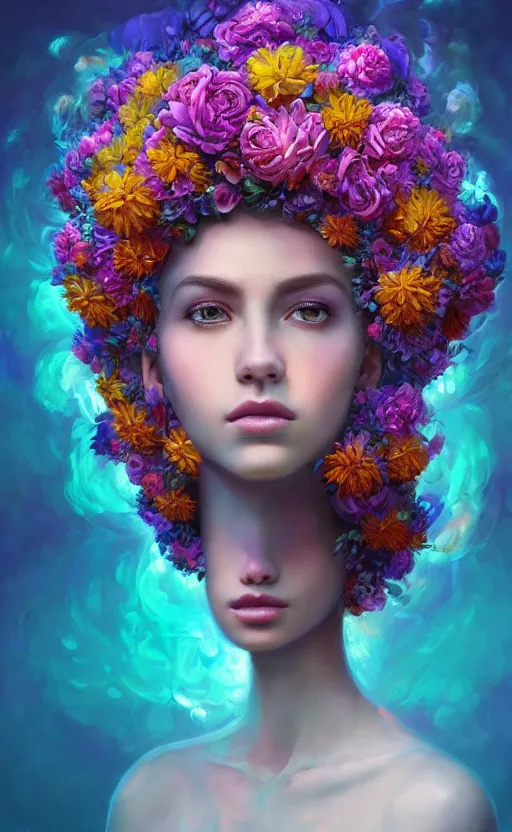 Image similar to a beautiful fantasy oil painting hyperrealism of a beautiful woman, flowers, floral headdress, 8 k resolution, octane render, trending on artstation, by gediminas pranckevicius, volumetric light 2 blue fractal thunder glow by dan mumford, anaglyph effect, laurie lipton