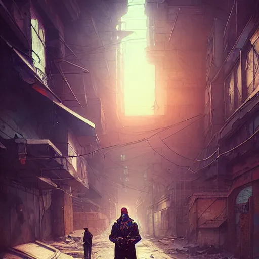 Prompt: A portrait of a cyberpunk guy on the street of a Soviet slum on the moon, Norilsk, sci-fi, fantasy, intricate, very very beautiful, elegant, highly detailed, digital painting, artstation, concept art, smooth, sharp focus, illustration, art by artgerm and greg rutkowski and alphonse mucha
