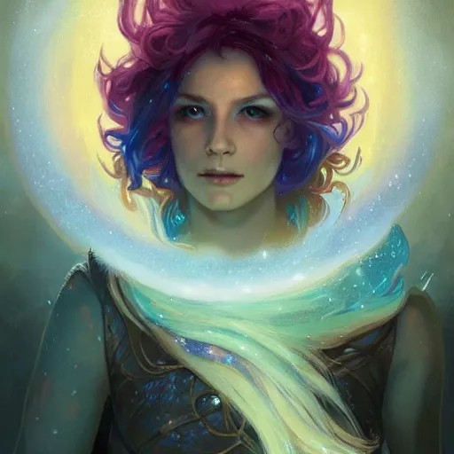 Image similar to a nonbinary changeling wearing a starry cloak, aurora colored hair, starry eyes, curious expression, character art, trending on artstation, 4k ultra hd, sharp focus, digital art by artgerm and greg rutkowski and alphonse mucha