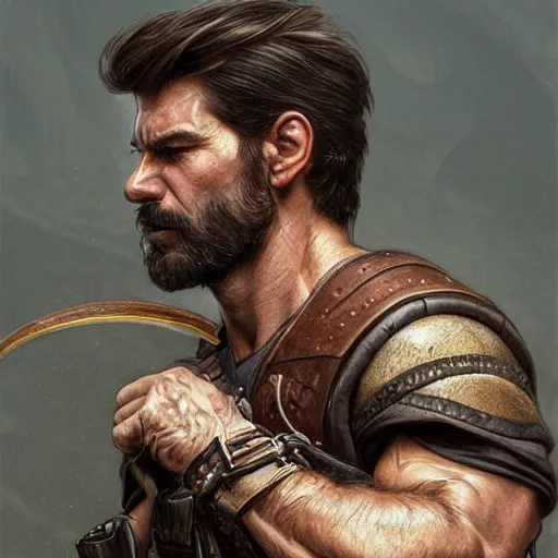 Prompt: portrait of a young, ruggedly handsome ranger, muscular, half body, leather, hairy, d & d, fantasy, intricate, elegant, highly detailed, digital painting, artstation, concept art, smooth, sharp focus, illustration, art by artgerm and greg rutkowski and alphonse mucha