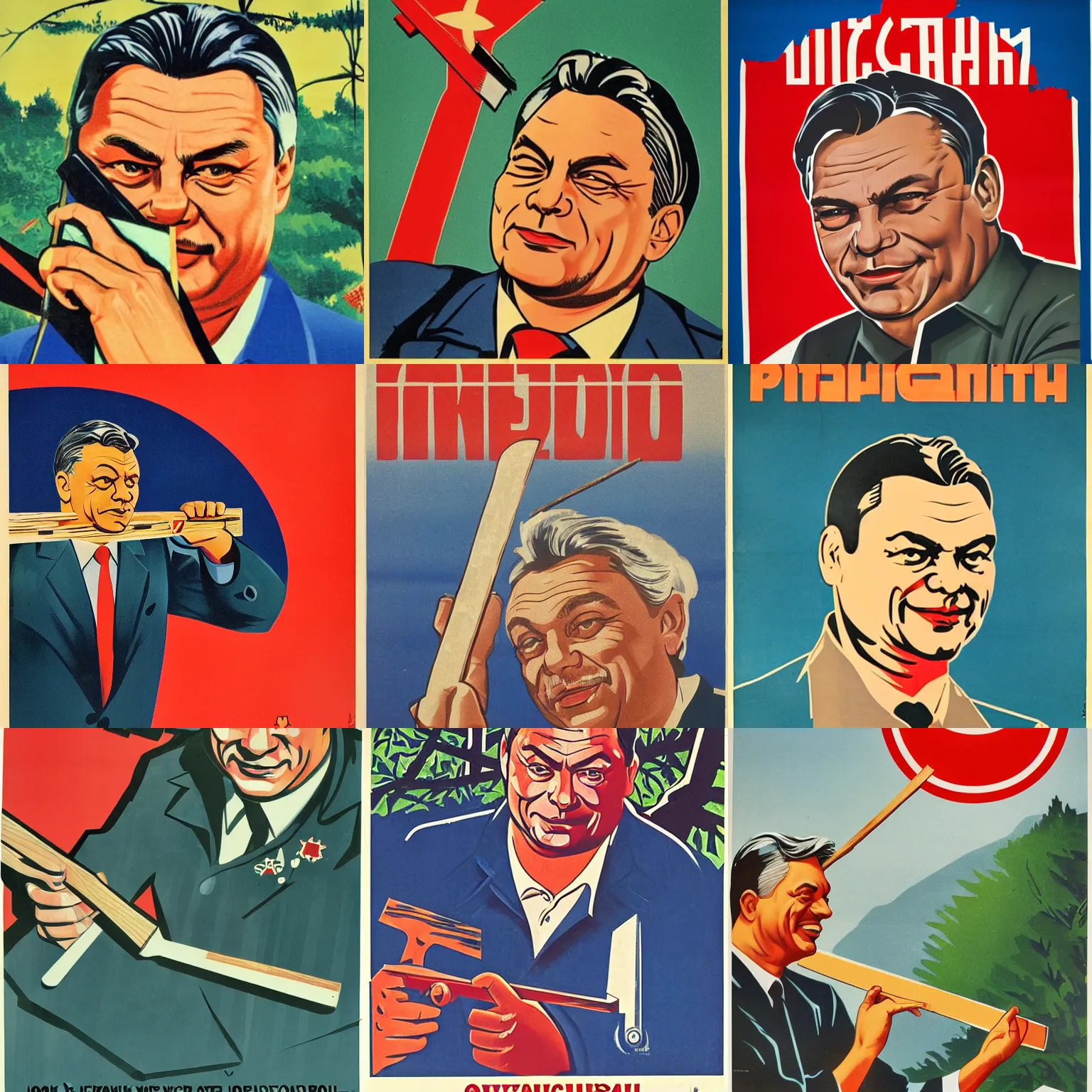 Prompt: soviet propaganda poster of viktor orban winking with a handsaw, forest in background