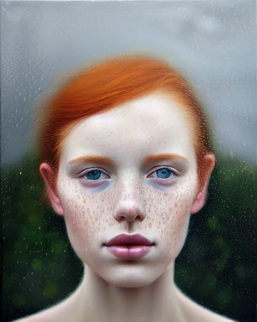 Prompt: portrait of an ethereal ginger beauty in the rain, wet freckles, by mary jane ansell