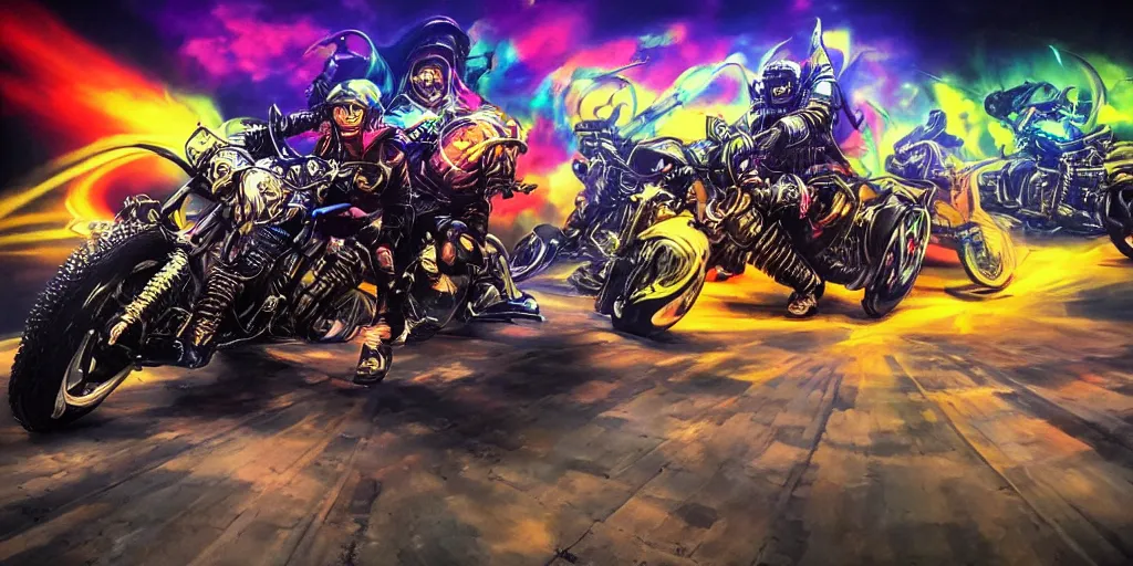 Image similar to psychedelic blacklight airbrush artwork, motorcycles, hyper stylized action shot of orc bikers racing on motorcycles, menacing orcs, drifting, skidding, wheelie, motorcycle tricks, clear focused details, soft airbrushed artwork, black background, cgsociety, artstation, stunning, masterpiece