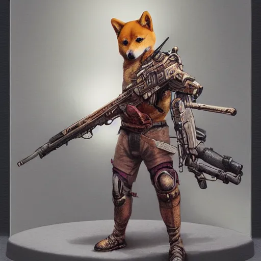 Image similar to anthropomorphic shiba inu, holding sniper riffle skullknight, standing, cementary, scifi, 3 d render, masterpiece, red aura, by donato giancola and greg rutkowski and wayne barlow and zdzisław beksinski, realistic face