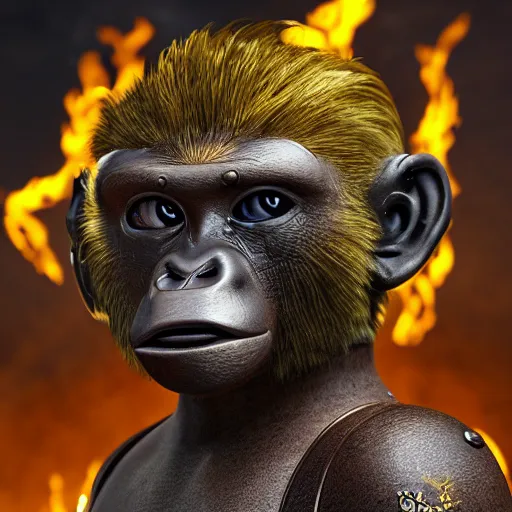 Image similar to pretty blond steampunk monkey surrounded by lava, 8 k, shallow depth of field, 8 k, ultra high detail, concept art,