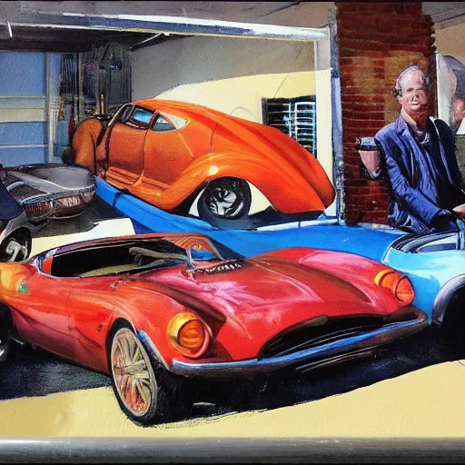 Prompt: photorealistic picture, by bob peak and alex ross, car garage, some classic car, some cars, some people, gouache and wash paints, fine details, fine intricate, fine facial proportionate, fine body proportionate, fine fix broken line, fine fix duplicate line, smooth focus, sharp details, bokeh, 4 k, fine 5 k details