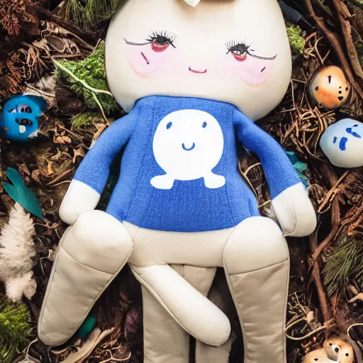 Image similar to blue'snappy gifts'logo doll in magical forest, gifts, dark atmosphere, high detail, soft lighting, 8 k