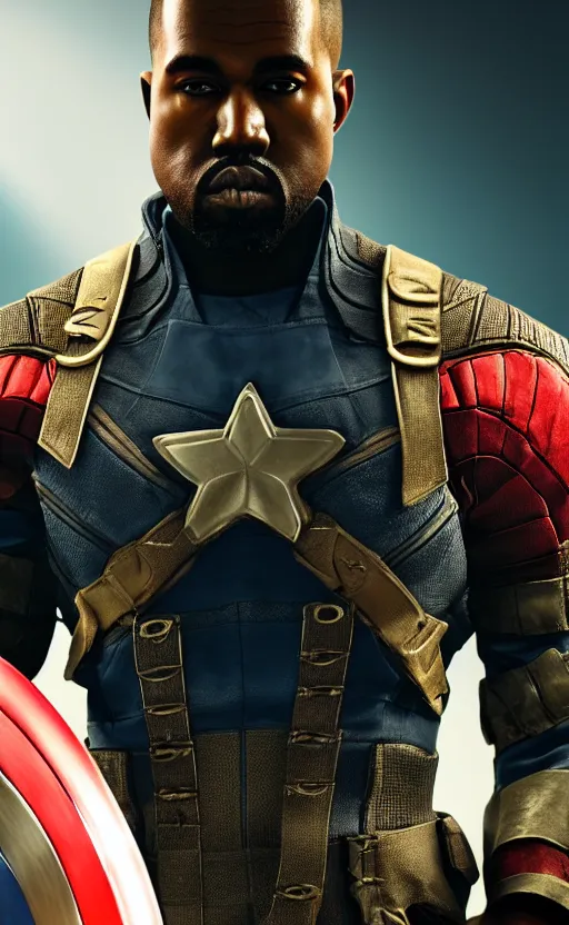 Image similar to Portrait of Kanye West as Captain America in Skyrim, splash art, movie still, cinematic lighting, dramatic, octane render, long lens, shallow depth of field, bokeh, anamorphic lens flare, 8k, hyper detailed, 35mm film grain