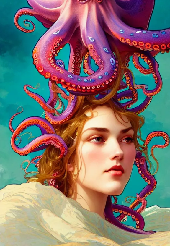 Image similar to close up of a beautiful woman wearing a colourful octopus as a hat, fantasy, intricate, elegant, highly detailed, digital painting, artstation, concept art, smooth, 8 k, sharp focus, illustration, art by artgerm and greg rutkowski and alphonse mucha