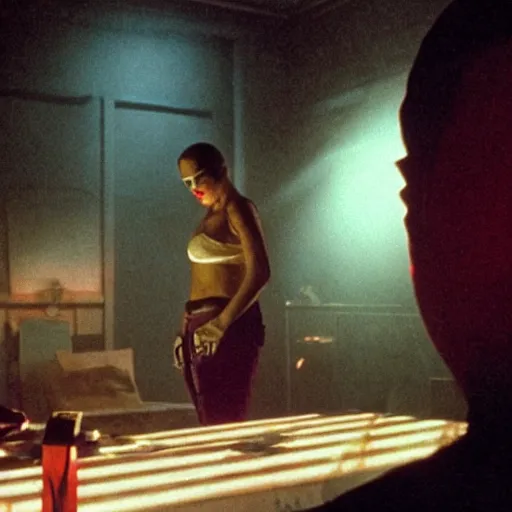 Image similar to movie still of cyborg, cinematic composition, cinematic light, by david lynch and gaspar noe