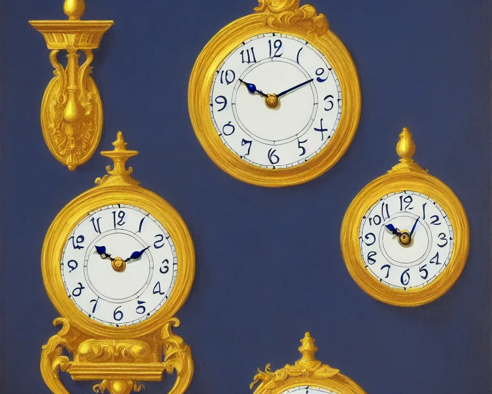 Image similar to an achingly beautiful print of ornate gold clocks and Tiffany sconces on a navy blue wall by Raphael, Hopper, and Rene Magritte. detailed, romantic, enchanting, trending on artstation.