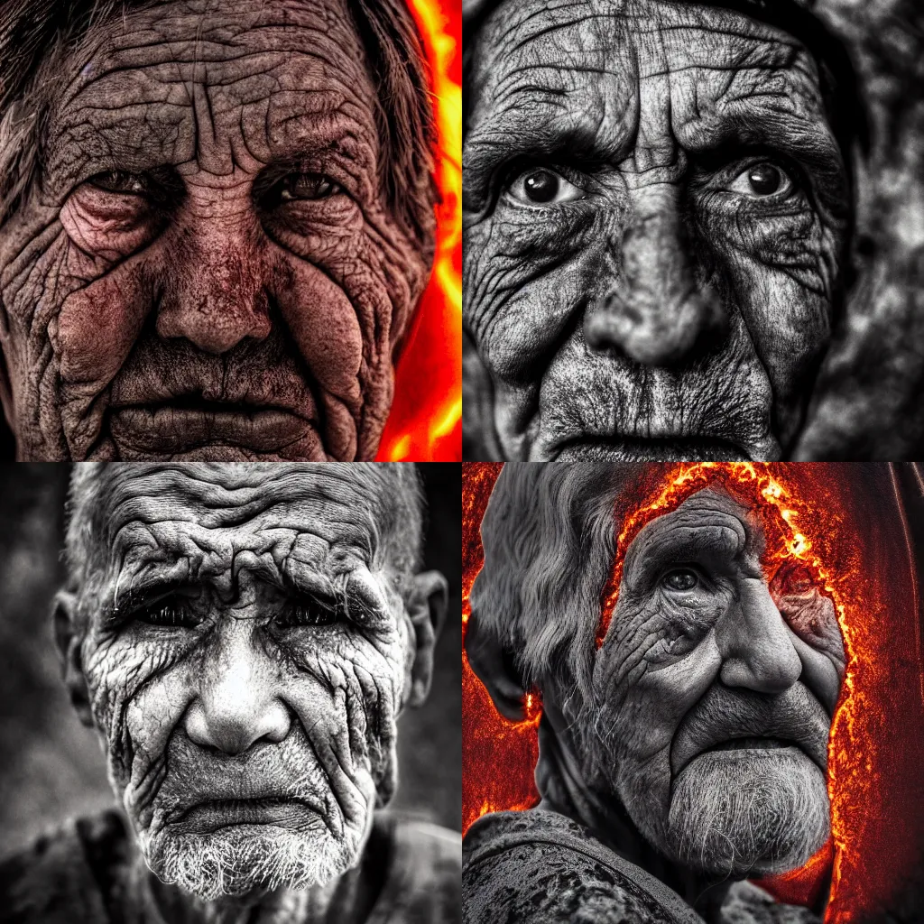 Prompt: The last human on Earth, dark apocalyptic background, lava flow, highly detailed face showing old age, upset expression, award winning photography, 4k