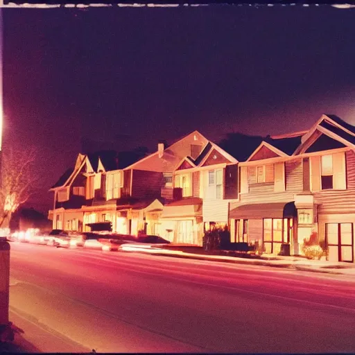 Prompt: disposable camera photo of a american suburban neighborhood in the middle of the night, aesthetician pleasing