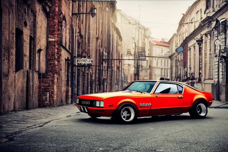 Image similar to audi camaro b 1 ( 1 9 6 9 ) drifting, need for speed : carbon, neon lines, lviv historic centre, ultra phonk, phonk music background, smoke behind wheels, noise, dark, establishing shot