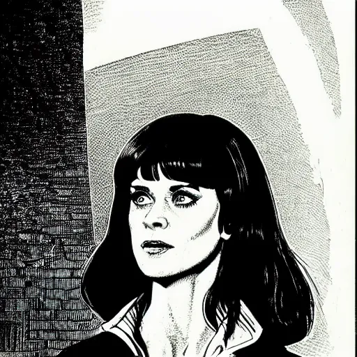 Prompt: franklin booth illustration of zooey deschanel in the matrix