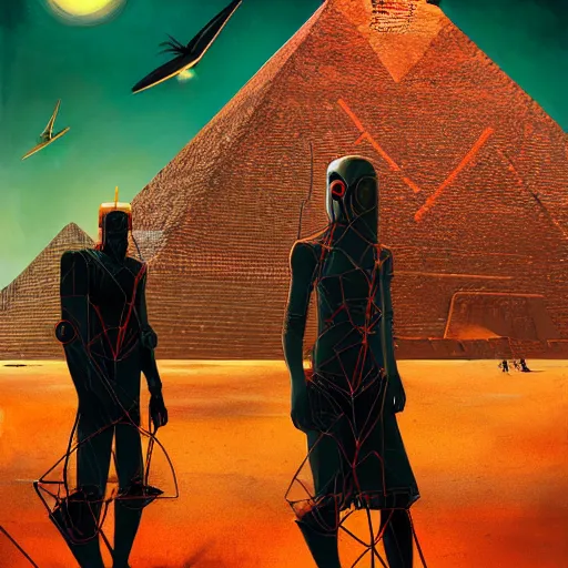 Prompt: a dogon cyberpunk hacker and the pyramid portal by greg rutkowski and android jones in a surreal portrait style, oil on canvas, 8k resolution