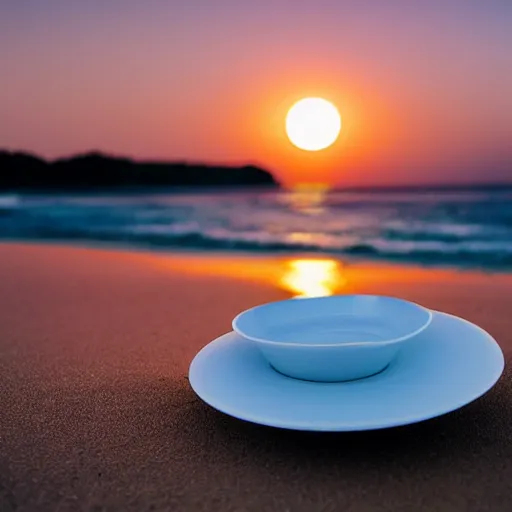 Image similar to professional photo of an empty white dish over a table with a sunset on the beach in the background