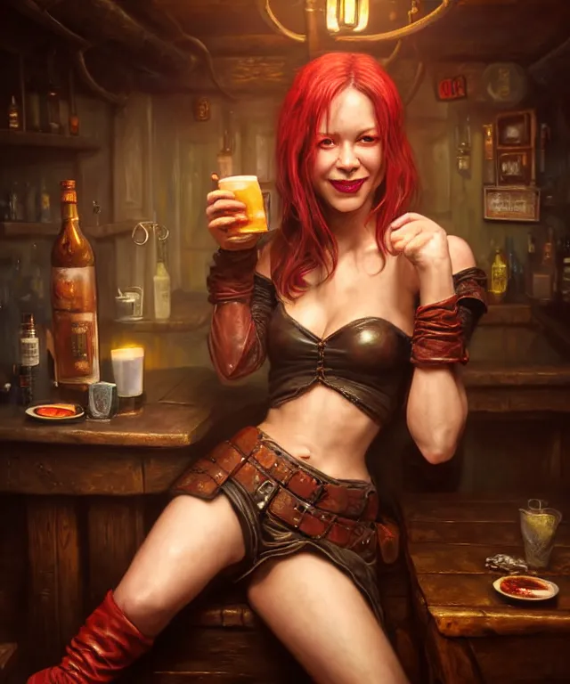 Image similar to hyperrealistic mixed media painting of a beautiful grinning charasmatic female rogue, dimly lit cozy tavern, crimson leather tunic, confident relaxed pose, d&d, stunning 3d render inspired art by Tim Okamura and Lise Deharme + perfect facial symmetry + dim volumetric lighting, 8k octane beautifully detailed render, post-processing, extremely hyperdetailed, intricate, epic composition, grim yet sparkling atmosphere, cinematic lighting + masterpiece, trending on artstation, very very detailed, masterpiece, stunning