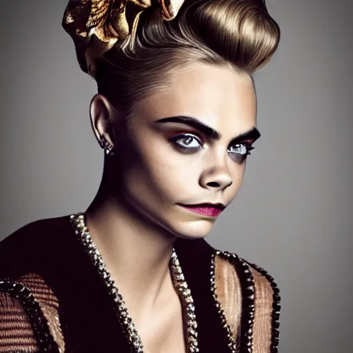 Prompt: portrait of beautiful cara delevingne with a 1 9 1 0 s hairstyle by mario testino, photo taken in 2 0 2 0, headshot, detailed, award winning, sony a 7 r