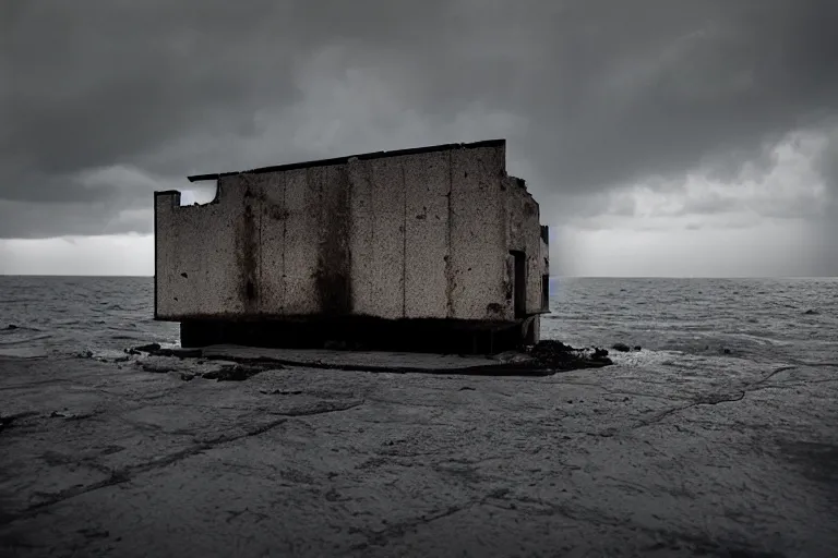 Image similar to high key lighting, danila tkachenko, photograph of an abandonet soviet building bloc in the middle of the ocean, lighting storm,