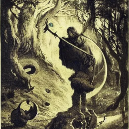 Image similar to A land art. A rip in spacetime. Did this device in his hand open a portal to another dimension or reality?! by Gerhard Munthe, by Norman Lindsay frightful