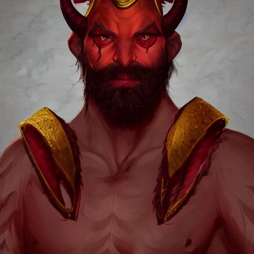 Image similar to dnd render of a male tiefling, red scales, a big black beard, completely golden eyes, 1 curved horn growing out of his forehead, one broken horn growing out of his forehead,